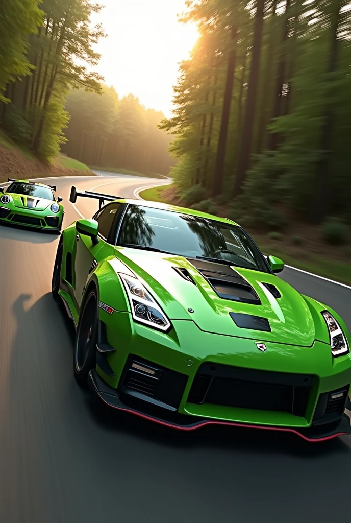 Green Nissan GTR r35 with a green Porsche gt2 RS almost overtaking the gtr