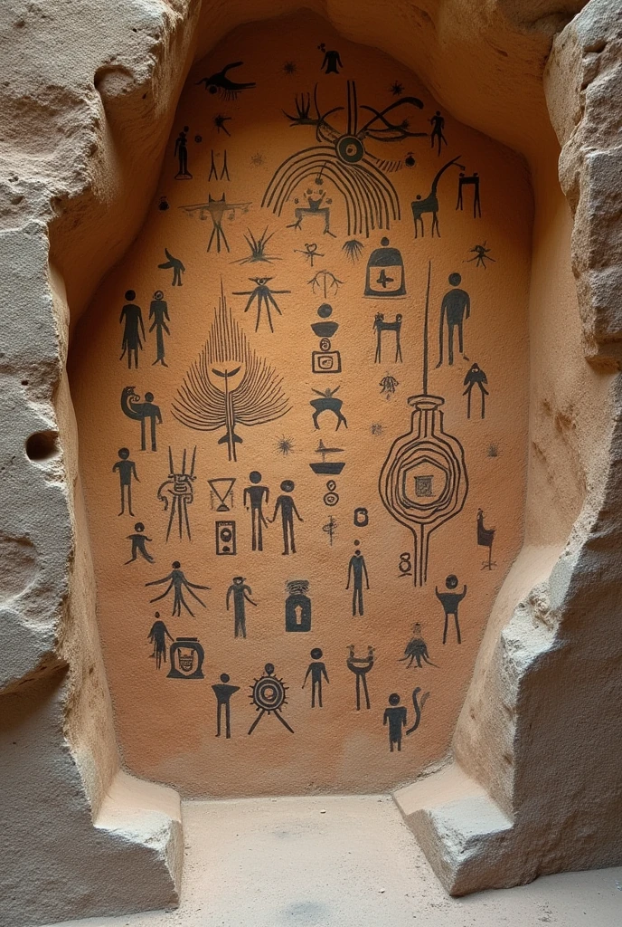 Creatively design a rock art work with pictograms 