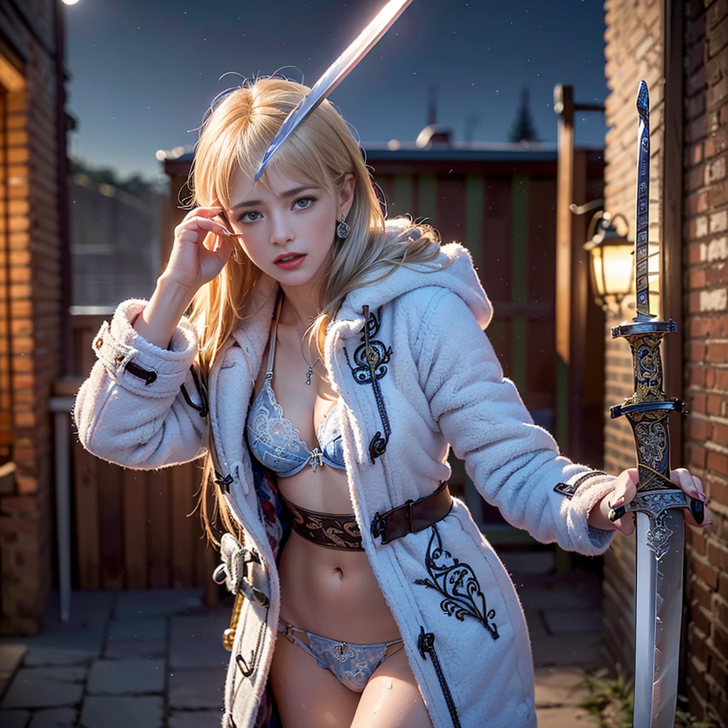 A realistic anime style magical girl, a costume consisting of a cape a thin thong panties tight thigh highs without a bra exposed breasts, a choker, smiling, blonde hair