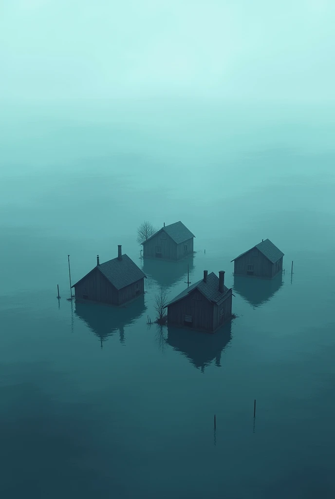 blue image with submerged houses after a flood in the city