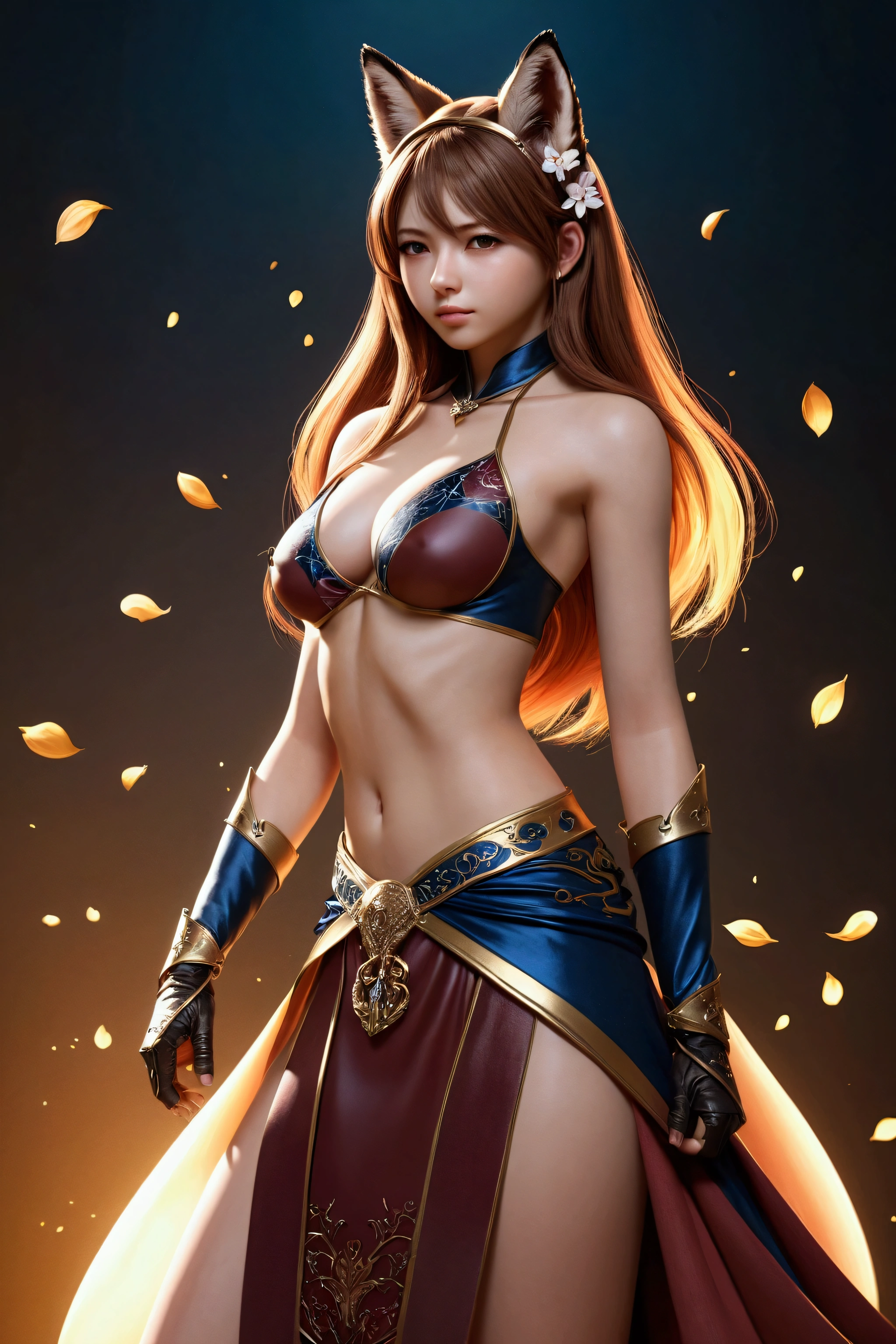 Best quality, 8K, HDR, soft lighting, picture perfect, realistic, vibrant, fox girl with brown hair, kitsune, beautiful female kitsune, digital illustration, beautiful illustration, beautiful digital artwork, exquisite digital illustration, realistic digital art, realistic style digital art, ultra high quality fantasy art, final fantasy, masterpiece, ultra high quality female character design, wallpaper illustrations of the highest quality, complex ultra high quality accurate faces of female characters, high quality design and accurate physics, ultra high quality fantasy style, masterpieces, super high quality characters, resolution - 8K, realistic art, highest quality wallpaper illustration, ultra-high facial detail, quality design and physics accuracy, by color, depth of field, shadows, ray tracing, high quality and 8K resolution computer wallpaper production, accurate simulation of the interaction of light and materials, Highly detailed hair, More about beautiful and shiny brown hair, Beautifully detailed hands perfect fingers, Beautiful nails, perfect anatomy, perfect proportions, Full-length, Perfect color combination, Accurate imitation of the interaction of light and material, art that conveys the meaning of the story, full body picture.