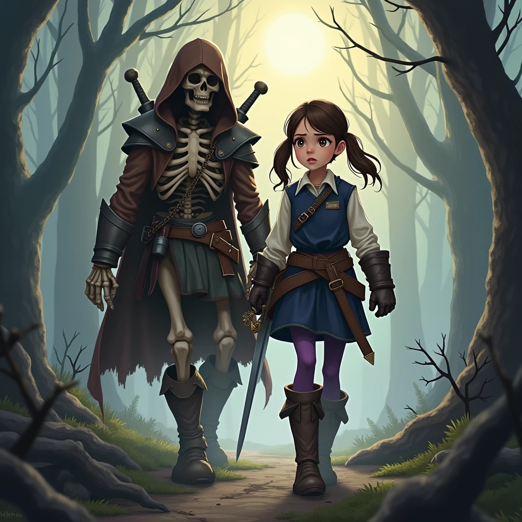 create an illustration in a digital art style, richly detailed, of a girl adventurer walking side by side with a skeleton warrior. She has brown hair in pony tails, brown eyes. She wears a dark blue tabard over a white shirt, purple tights, big boots made of leather, big gloves that are too big for her. she wears a sword at her hip, resting in a scabbard, and carries a shield on her back. The skeleton warrior wears a ragged brown cloak and hood, heavy leather boots and gloves, and chainmail for armor, he carries a large sword on his back. Show her exploring a spooky forest, the sun barely penetrates a heavy fog, the trees are baren and the shadows are deep. The girl has a nervous look on her face.