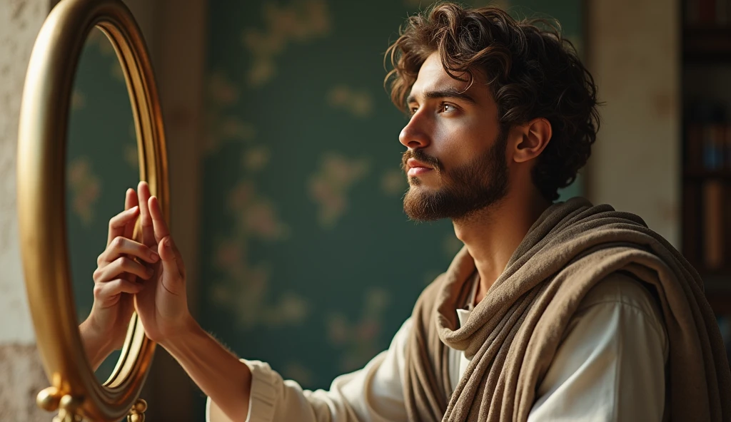 A young, handsome Stoic philosopher with a well-proportioned and attractive physique, sun-kissed skin, very short and well-trimmed beard, and wavy, well-styled hair. He is dressed in classic tunics in soft earthy tones - gray, brown, and olive green - with subtle gold and copper details. The scene depicts him in a reflective moment, perhaps seated in a study or an open, tranquil space. He is looking at a symbolic representation of his life, such as a mirror showing his own image or a visual metaphor like a path with forks. His expression should convey deep introspection and self-evaluation, illustrating the process of assessing the impact of his relationships.