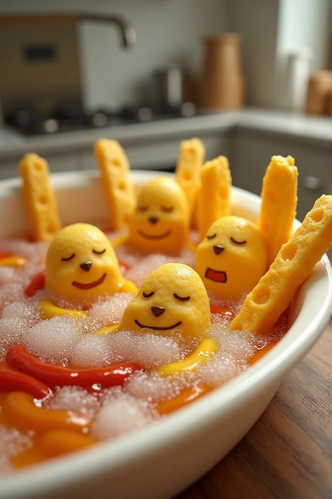 5 fries in a jacuzzi of sauces
