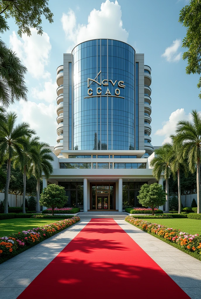 A luxurious, presidential standard company headquarters with the name NEXUS(CCAO) on it and red carpet on entrance with Singaporean architecture,grass, flowers and on it's own space and compound where is the name NEXUS (CCAO) can't see the words 