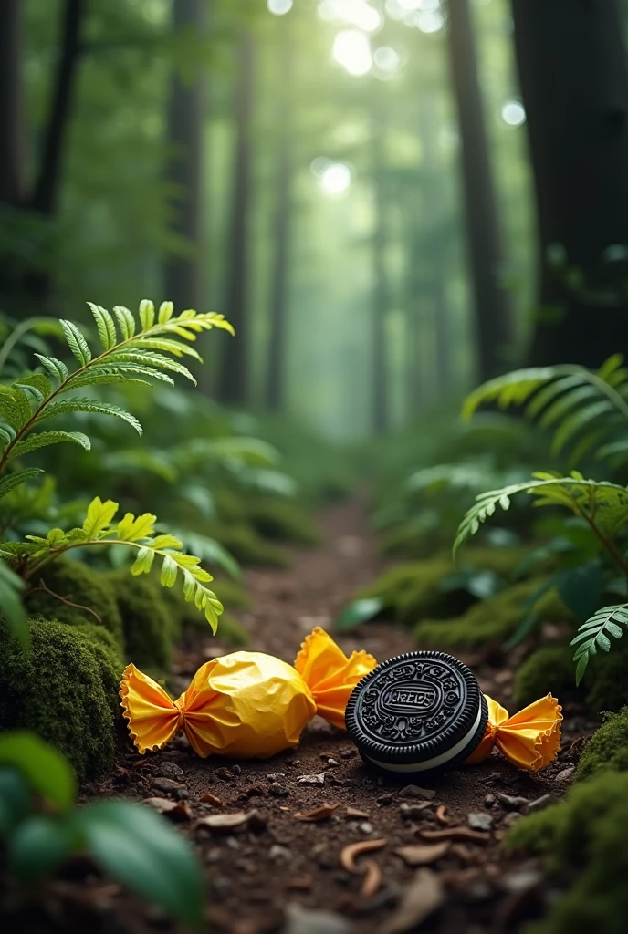 Honey candy wrapper and oreo cookie wrapper on the floor in the middle of the forest
