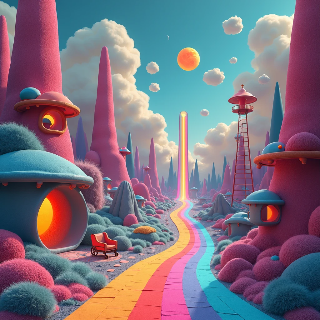 A rainbow corridor, a suspended crescent moon, a drooping sun, a hammer living in a hole concave cheese, a ladder to heaven, a walking chair, a spider-shaped cloud, Surreal Scene,