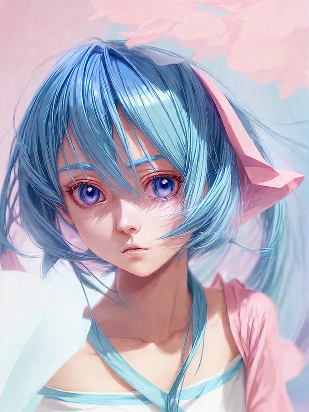 2.5D Light blue hair Natural anime face Beautiful woman Popular woman Wearing a pink T-shirt