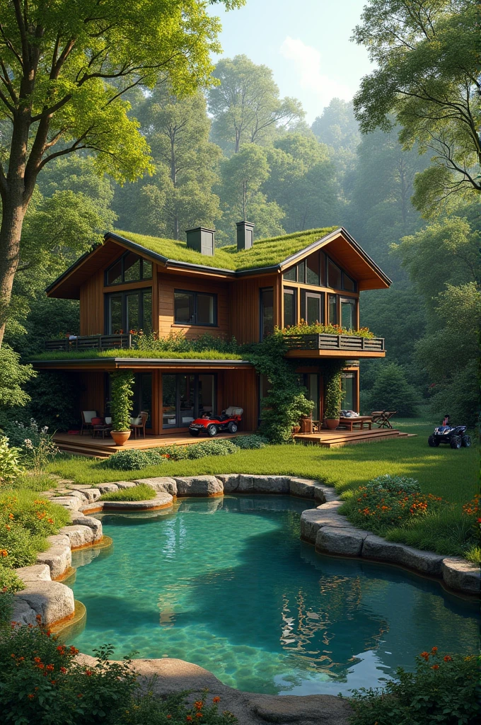 Make a couple's house ( gabriel and giovana ) who dream of having 3 children and living in a big house with a forest just for them, a house inside a forest just for them and that has a lake instead of a pool but in the shape of a pool and with quad bikes and big cars in the garage with a playground for the children and flowers