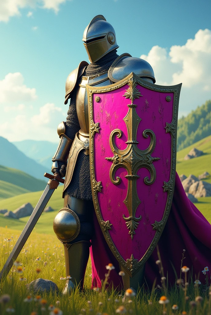 Make a shield that represents bravery in knights, very colorful and some things are pink
