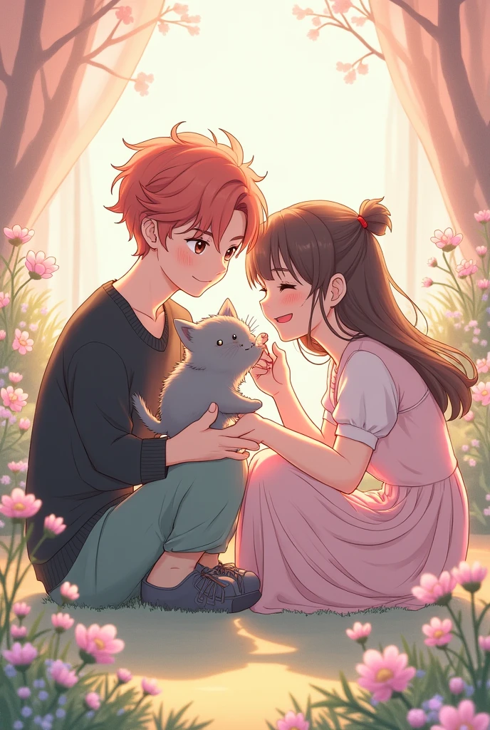 Changkyun de Monsta X y Shuhua de (g)I-DLE with a gray kitten in anime style