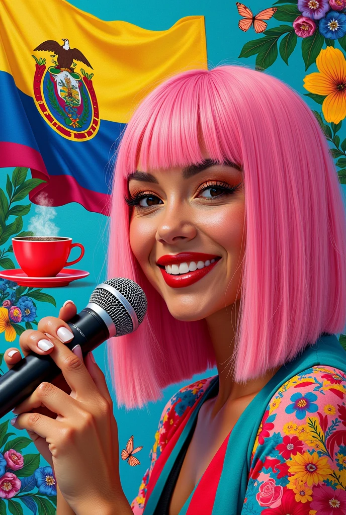 Create an image which is inspired by the art of Mr Brainwash, that it is colorful and has things that represent Colombia, cafe, birds, the flag of Colombia (no people ) and that there is a woman with straight pink hair in the right corner of the image and only her face can be seen (that has the features of the singer Karol G) and have a microphone in your hand, Get inspired by Mr Brainwash&#39;s artwork
