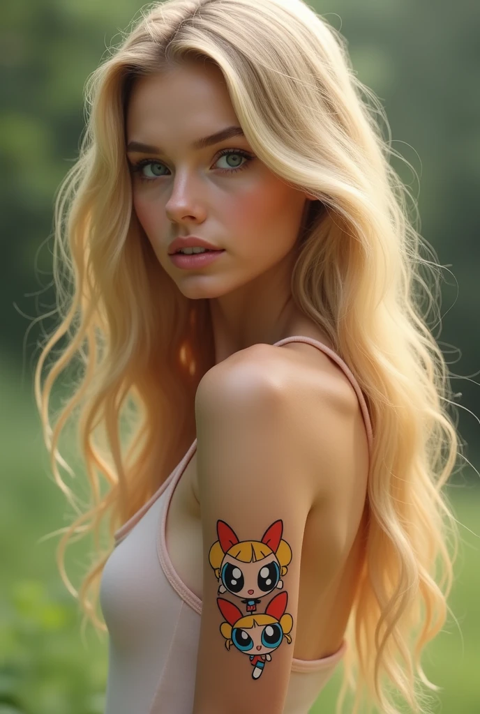 A full body natural blonde woman with a small tattoo of the Powerpuff Girls, Sweetie Pie and Flower.