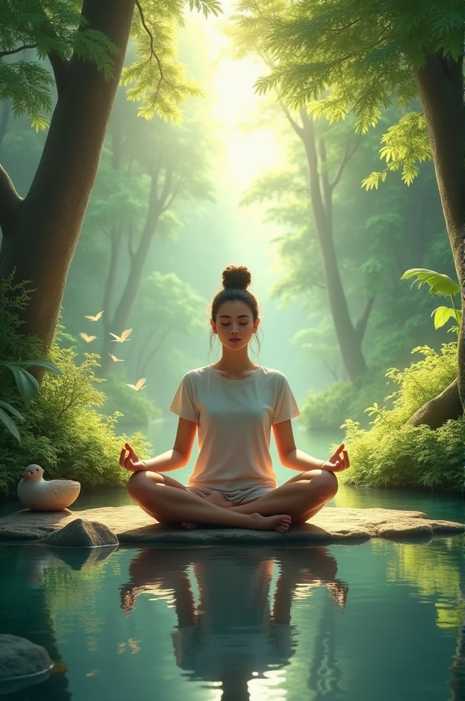 A landscape in which there is a lot of nature and in the middle there is a space to put the photo of a friend meditating