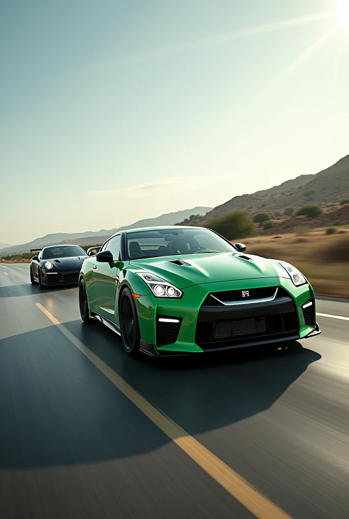 Green Nissan GTR R35 with a green Porsche GT2 RS almost overtaking the GTR the blackest Porsche in the GTR