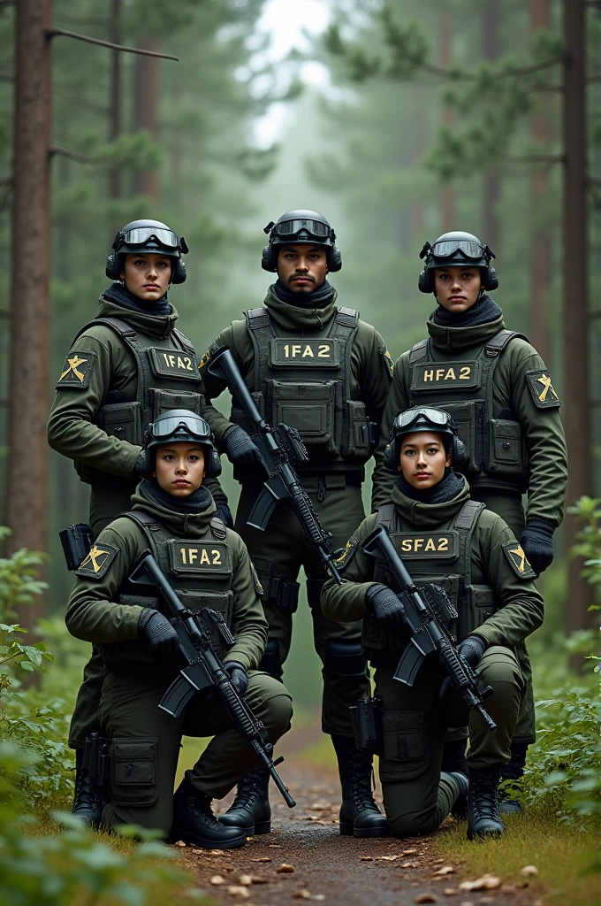 Create a realistic image of a five-person special forces unit posed in a 'family photo' style formation. The team includes three men and two women, all standing or kneeling closely together in a unified, yet distinctly visible group. They are fully equipped with tactical gear, including night vision goggles, HK 416 assault rifles, and bulletproof vests. The vests prominently display their respective ranks and identifiers: 1Fa2, 2Fa2, and 3Fa2 for the men, and 4Fa2 and 5Fa2 for the women. The setting is a dense forest with towering green trees, but the focus is on the team, standing on a small, cleared patch of ground as if posing for a commemorative photo after a mission. Ensure the composition allows for each member's face, gear, and identifiers to be clearly visible. Leave space at the top or bottom of the image to add a logo, while maintaining the integrity of the 'family photo' feel. The overall atmosphere should convey both the camaraderie and professionalism of this elite unit."