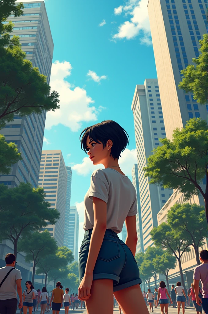 Raising a young white woman from , short black hair. Sideways on Paulista Avenue 
