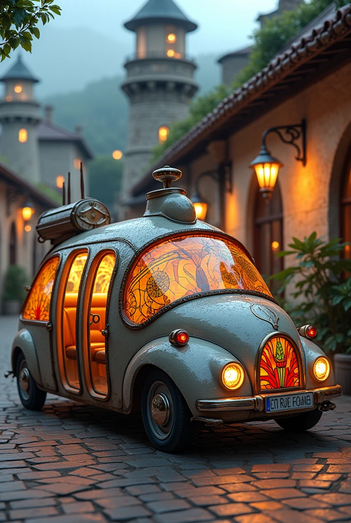 Car with ship&#39;s rudder, sofa seats, solar lamps in lighthouses, tiles on the roof, stained glass windows ,without forums on the roof
