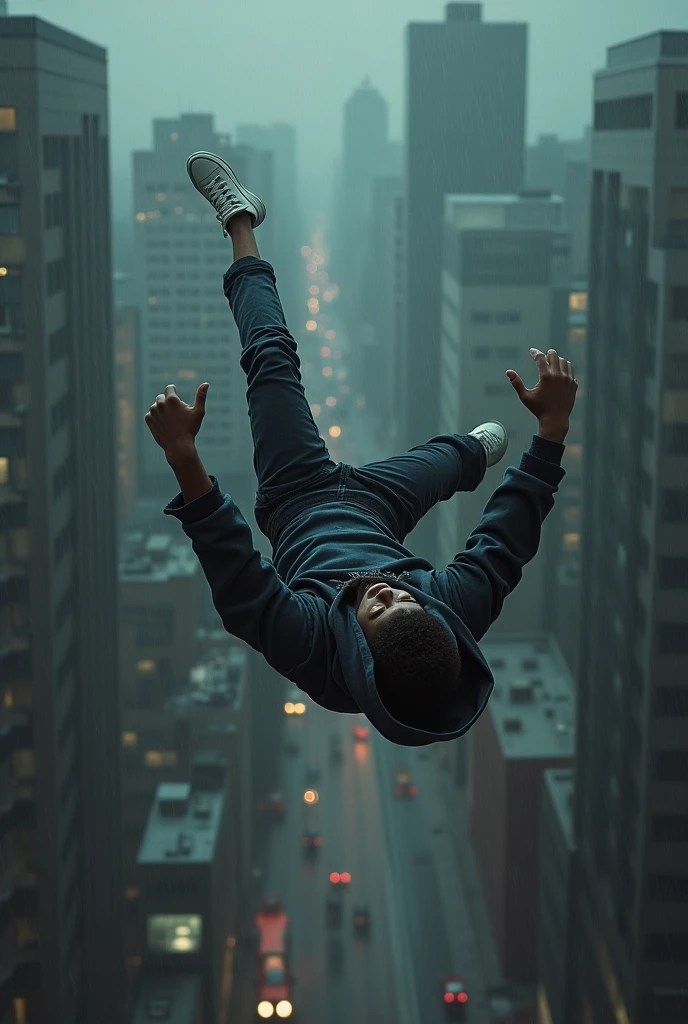 Man in rapper clothes with hoodie falling from the sky with his back to the ground and his arms up in a city raining heavily seen from above