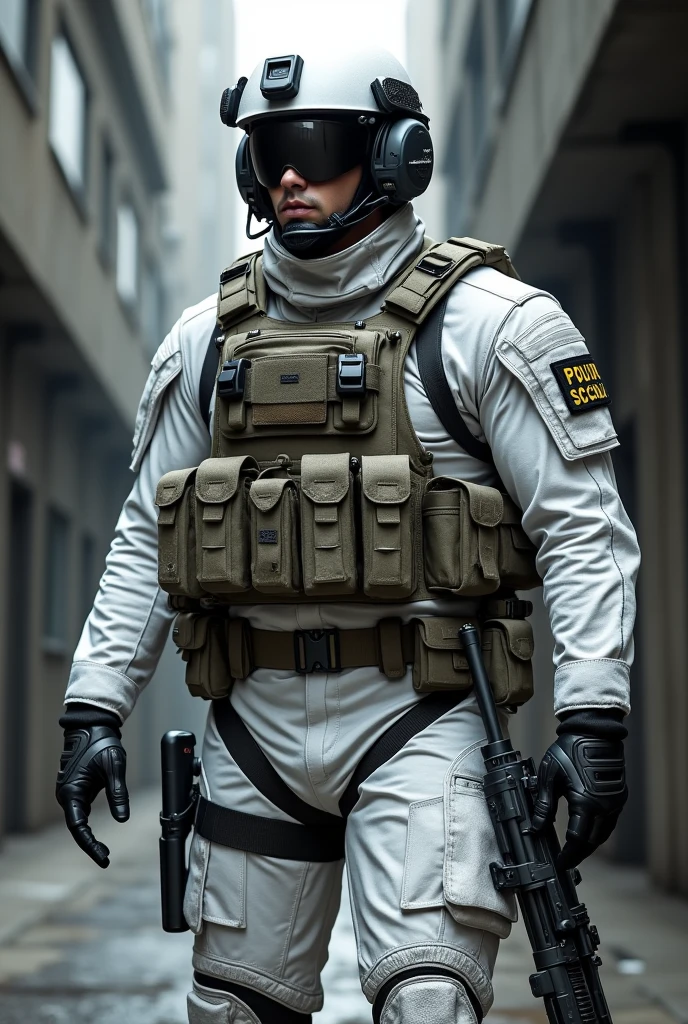 I would like a special forces tactical police officer, with camouflage uniform, white