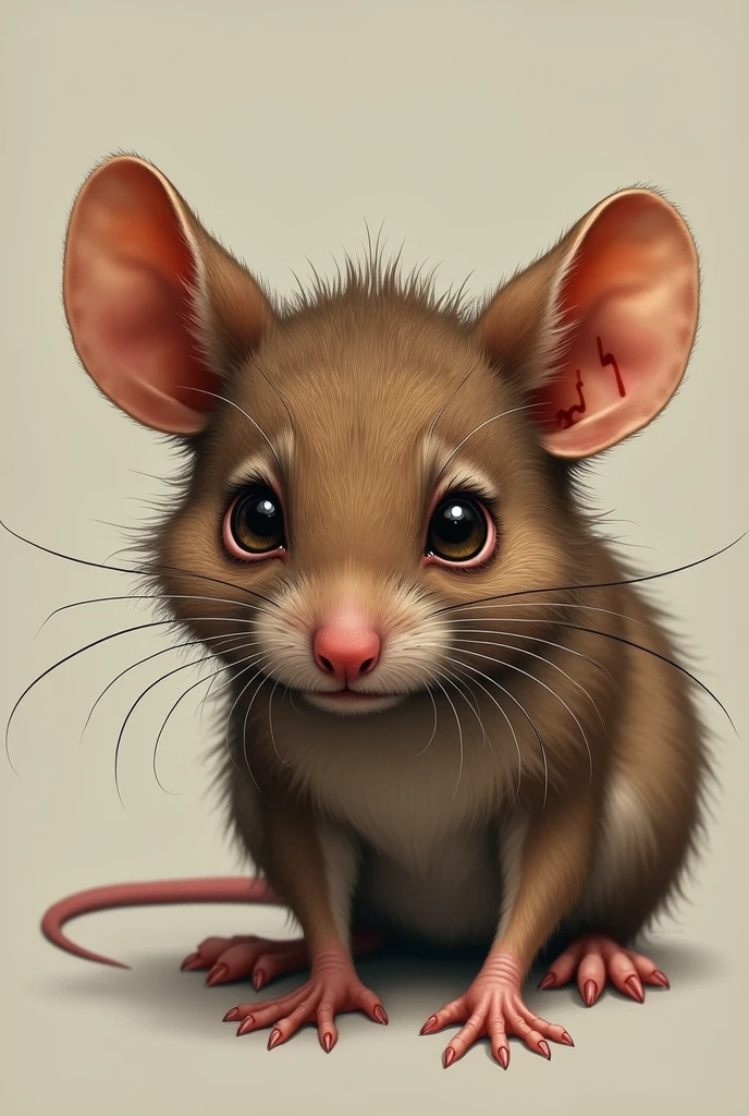 Sad and scratched scared brown mouse face . drawing