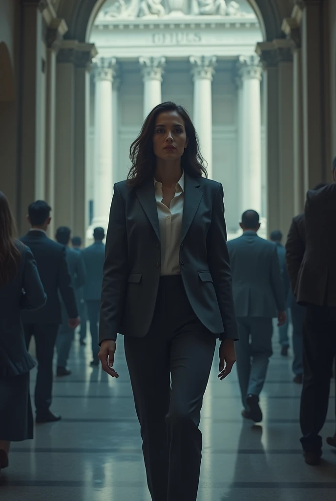 Strong woman leaving the courtroom sad but victorious