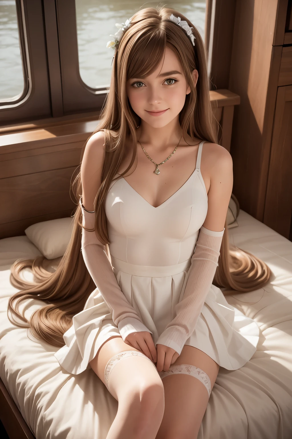 best quality, masterpiece, 1girl, solo, Ferry, long hair, FerryBase, thighhighs, bare shoulders, jewelry, sleeveless, white dress, blue skirt, gloves, bed room, bed, wooden floor, sitting, sitting on bed, from below, hands on legs, smile, soft lighting, full body,