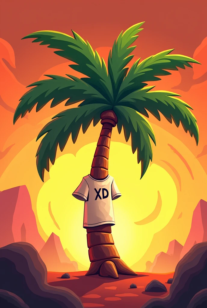 Green palm tree without a face with a t-shirt on it saying XD in the foreground in 2D style with fire in the background