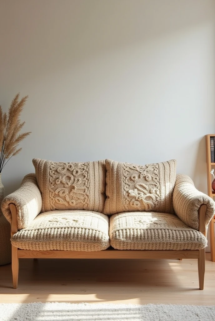 Create a comfortable sofa, with wood and upholstery made of knitting or crochet that resembles a grandmother&#39;s sofa a sofa that is also very modern Enlarge this image Leave the upholstery with a knitted or crocheted appearance and from the front Leave the meeting of the same color as the seat and show the full photo Perfect, now make all the upholstery look like it was knitted Make it more knitted and with more crochet 
