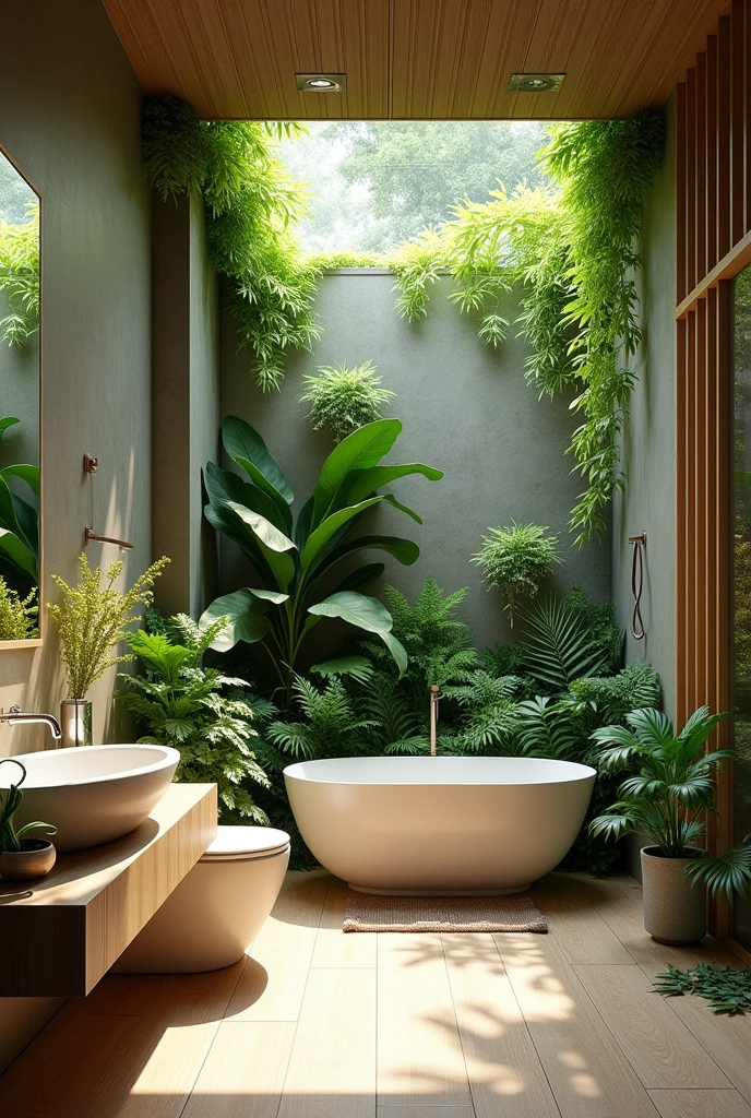 Design a bathroom that incorporates greenery and natural elements. Include bamboo flooring or accessories, and add plants like ferns and orchids that thrive in a humid environment. Consider a vertical garden or hanging planters for a striking visual impact, enhancing the spa-like atmosphere."