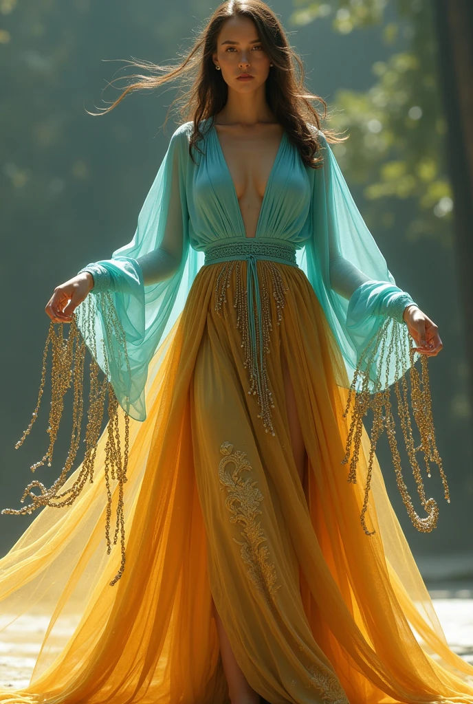 Golden petticoat, intricate metal laces hanging from the arms and torso, falling loosely to the ground, fine turquoise tunic over, that the gold is seen by neglect, Light, graceful, full of movement