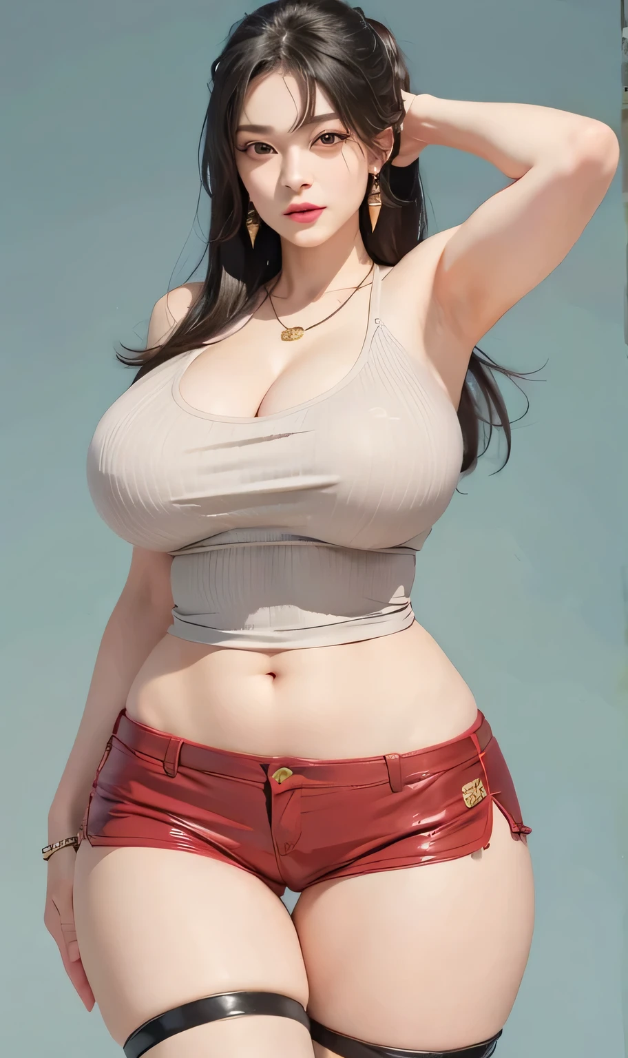 realistic, 1girls, Tsunade, best quality, 12k, HD, long hair, big round breasts, cleavage, ponytail, necklace, jewelry, shorts, slim hips, red eyes, black hair, super detailed, Eye details , hair details, person details, mouth details, face details, breast details, clothes details, hair details, pants details, hand details, whole body