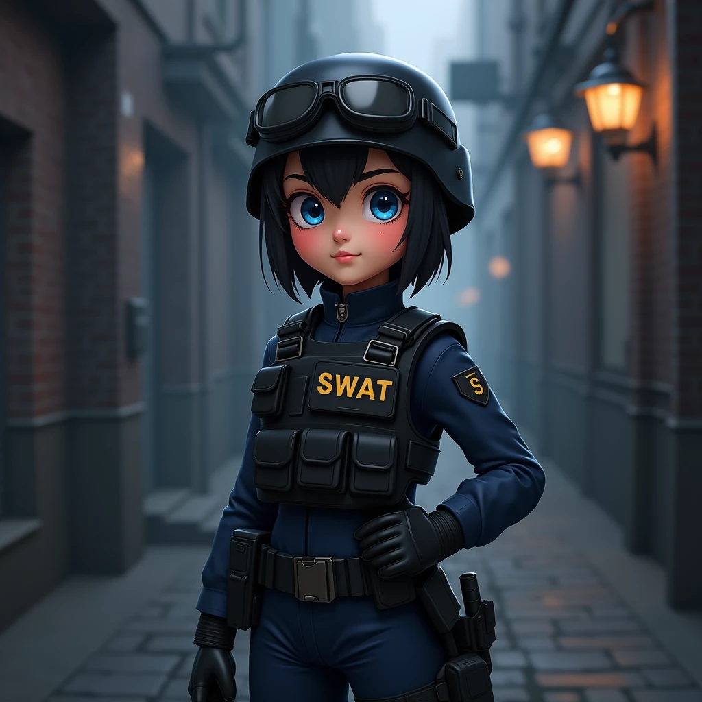 Girl, Team fortress 2 art style, SWAT officer, dark navy uniform, thick black vest, black tactical FAST helmet, tactical gloves, tactical goggles, black short bangs, blue eyes, Cute, 29