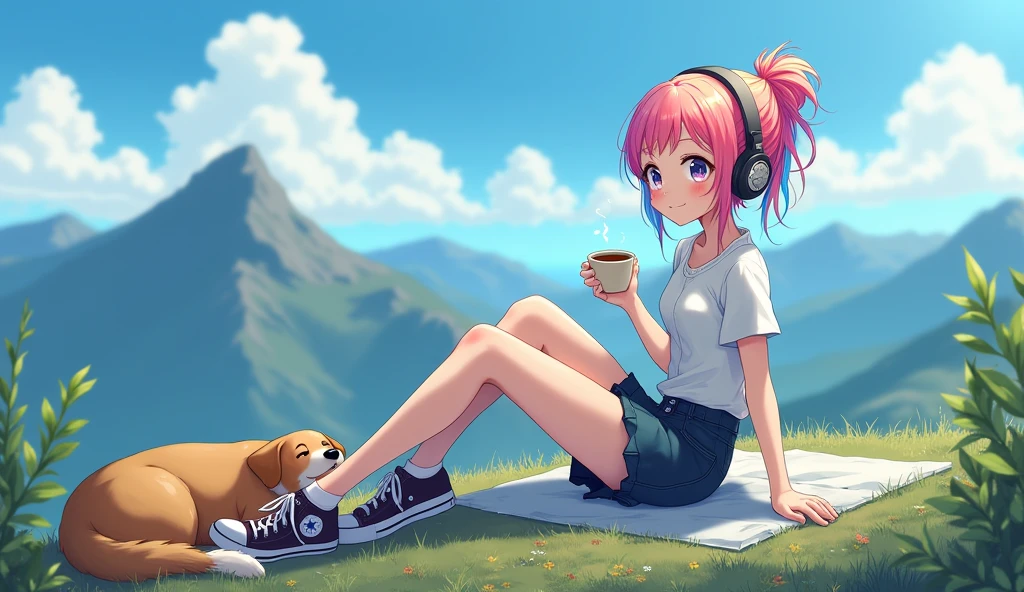An e-girl with tied-up colorful hair and rainbow-like eyes, listening to calm music on headphones, with a sexy smile, holding a cup of coffee, wearing allstar, at the top of a mountain. An image that inspires calm, tranquility, lightness, simplicity, and comfort, 16:9, full hd, with a dog on the side