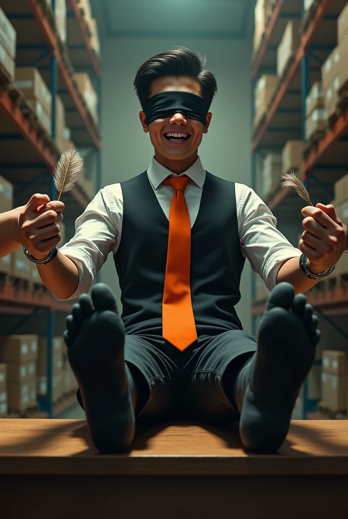 Malaysia malay handsome 22 years student 
He laugh very hard
His hand tied up  in warehouse 
Blindfolded
Hand handcuff
Casual Outfit Black Tie
feet on desk
feather duster on desk
shoes on desk 
Black sock
2 man holding feather  duster 
