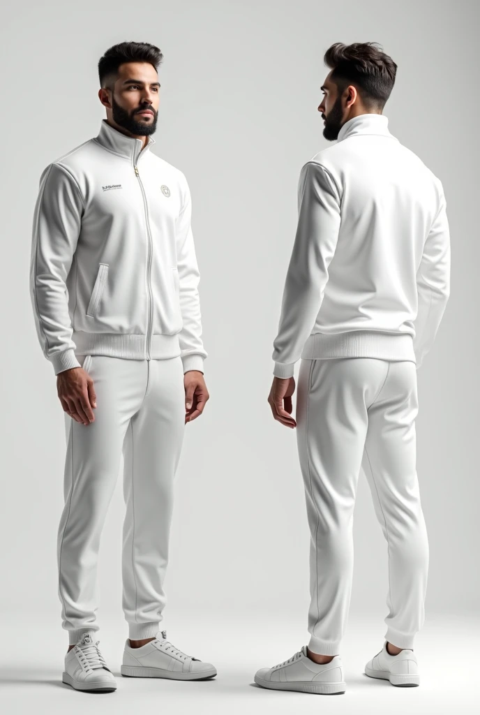 high-quality Men's white Tracksuit Mock-up with a front and back view, athletic style, classic collar, It contains a zipped jacket, sweatpants, and trousers that are perfect for training, detalled, 8k