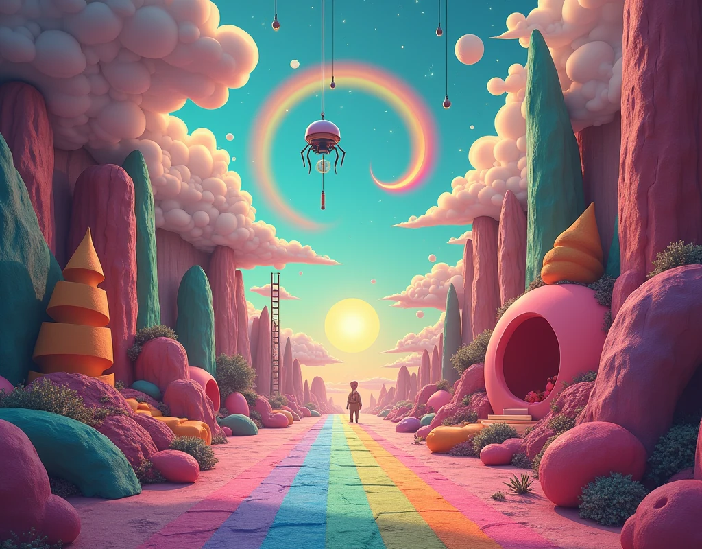 A rainbow corridor, a suspended crescent moon, a drooping sun, a hammer living in a hole concave cheese, a ladder to heaven, a walking chair, a spider-shaped cloud, Surreal Scene,