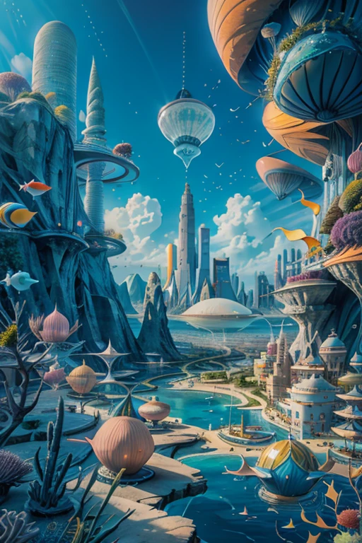  ( Surrealism ) a Surreal scene involving a floating 1900's city in the sky and a 1960's city under the sea, non euclidean geometry, and abstract sitars that are illusions , confusing chaos, ethereal and divine, photorealistic, 8k, hyper detailed, dramatic lighting, vibrant colors, surreal and abstract, blue sky is the sea and the blue sea is the sky.