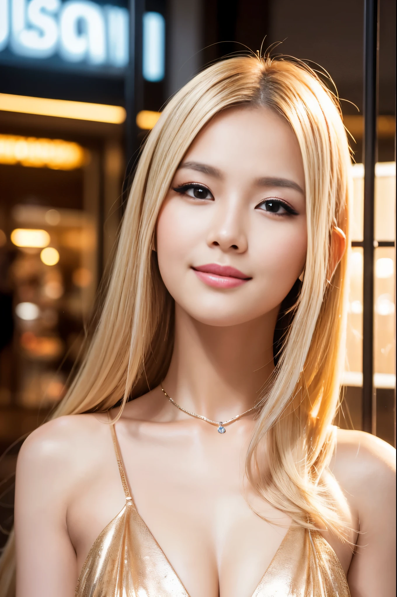 (masterpiece:1.4), (best quality:1.4), ultra high res, ultra high resolution, ((detailed facial features)), HDR, (realistic, photorealistic, photo-realistic:1.37), closeup, sexy seductive Thai woman, (seductive smile), long lashes, beautiful makeup, platinum blonde hair, fair skin, slender figure, elegant posture, wearing large sparkling colorful jewelry, wearing a business style leather dress, standing in a large shopping mall, gentle sunlight shining through the shopping mall windows, casting a soft glow on her face, adding warmth to the scene, vibrant colors, capturing the essence of vibrant city life, portrait style, showcasing her natural beauty and grace in a feminine way