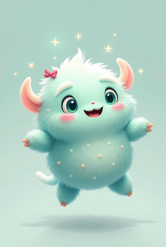 A cute animated monster has a rounded, fluffy body reminiscent of a soft cloud. Its size is small and manageable, ideal for hugging. Her skin is a pastel blue color with touches of white., like a cloudy sky. It also has small bright stars that flicker gently on its fur. It has large, round, expressive eyes., a mint green color with a friendly smile It has small paws with three fingers that look like small clouds, allowing it to float slightly in the air.  Instead of ears, It has two small soft fins on the sides of its head that move like butterfly wings.. She wears a small pink bow on one of her paws as a decorative touch..