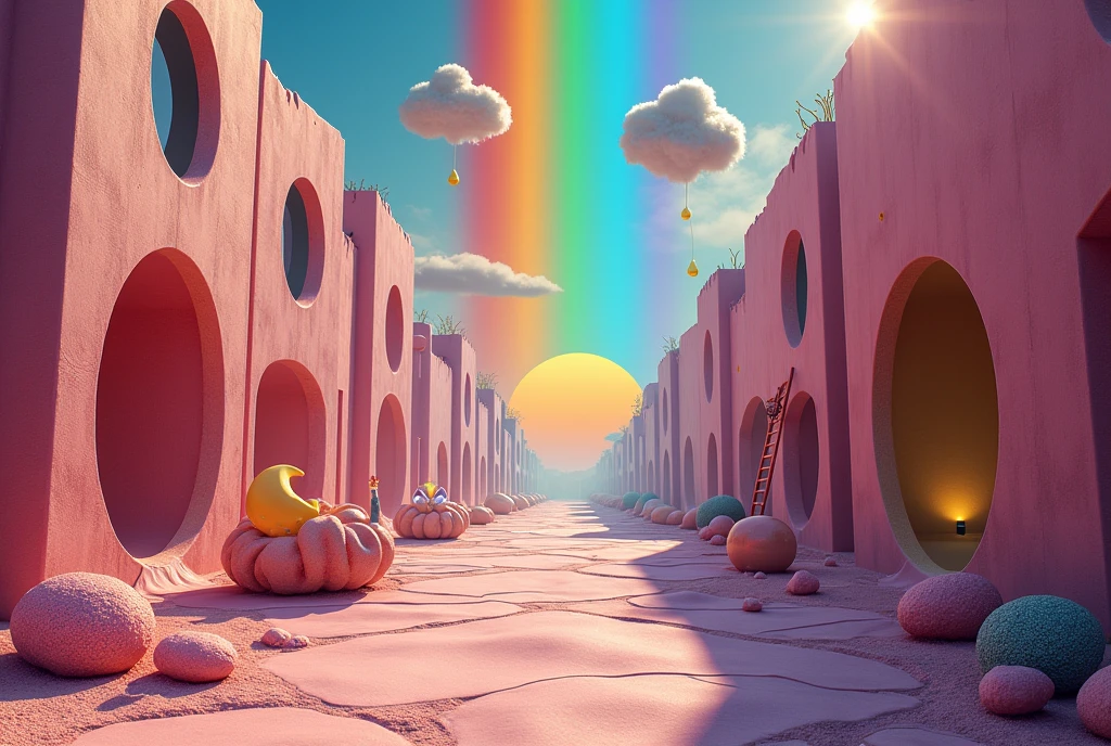 A rainbow corridor, a suspended crescent moon, a drooping sun, a hammer living in a hole concave cheese, a ladder to heaven, a walking chair, a spider-shaped cloud, Surreal Scene,