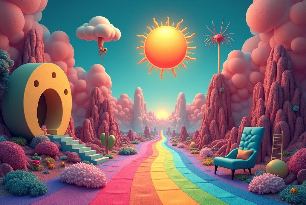 A rainbow corridor, a suspended crescent moon, a drooping sun, a hammer living in a hole concave cheese, a ladder to heaven, a walking chair, a spider-shaped cloud, Surreal Scene, 