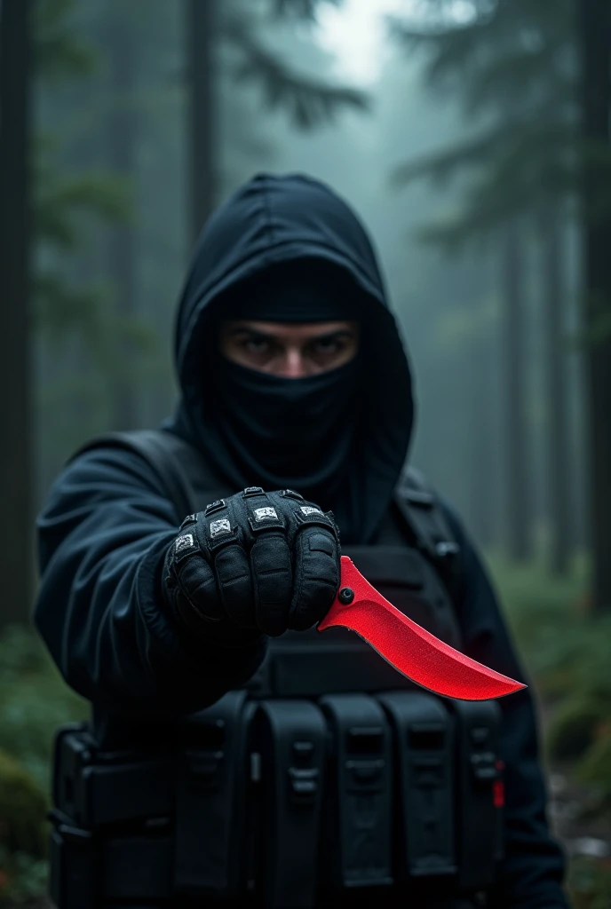 cs2 terrorist holding a red karambit in a dark forest