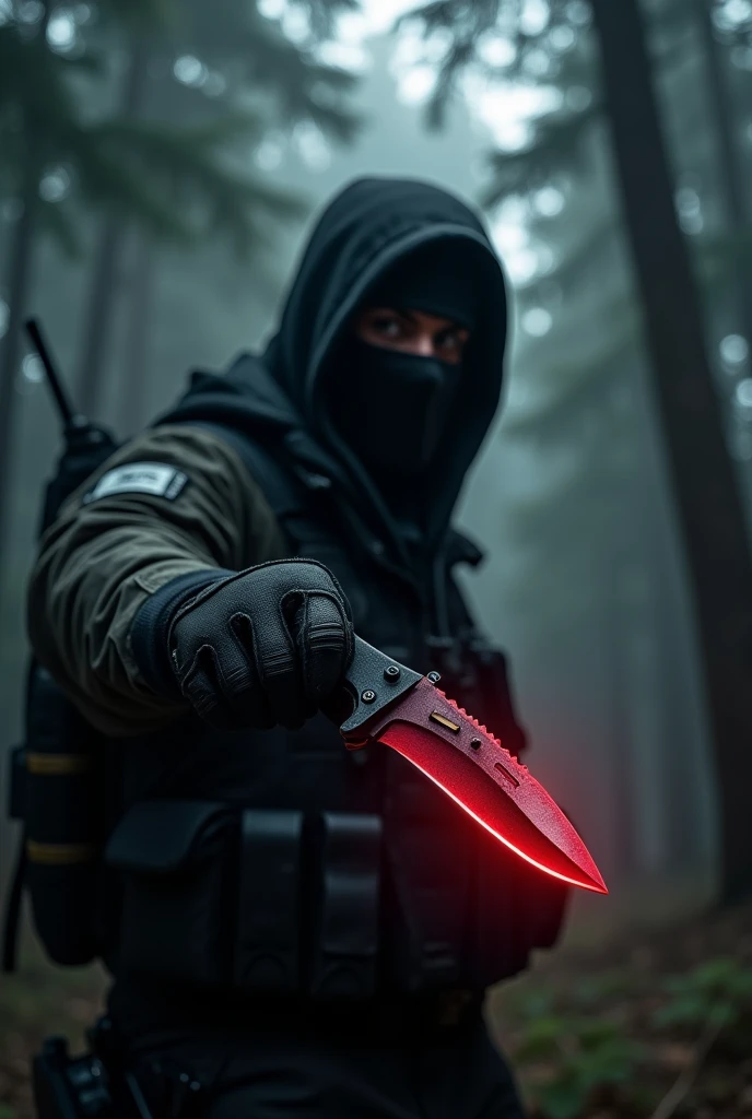 cs2 terrorist holding a red karambit in a dark forest