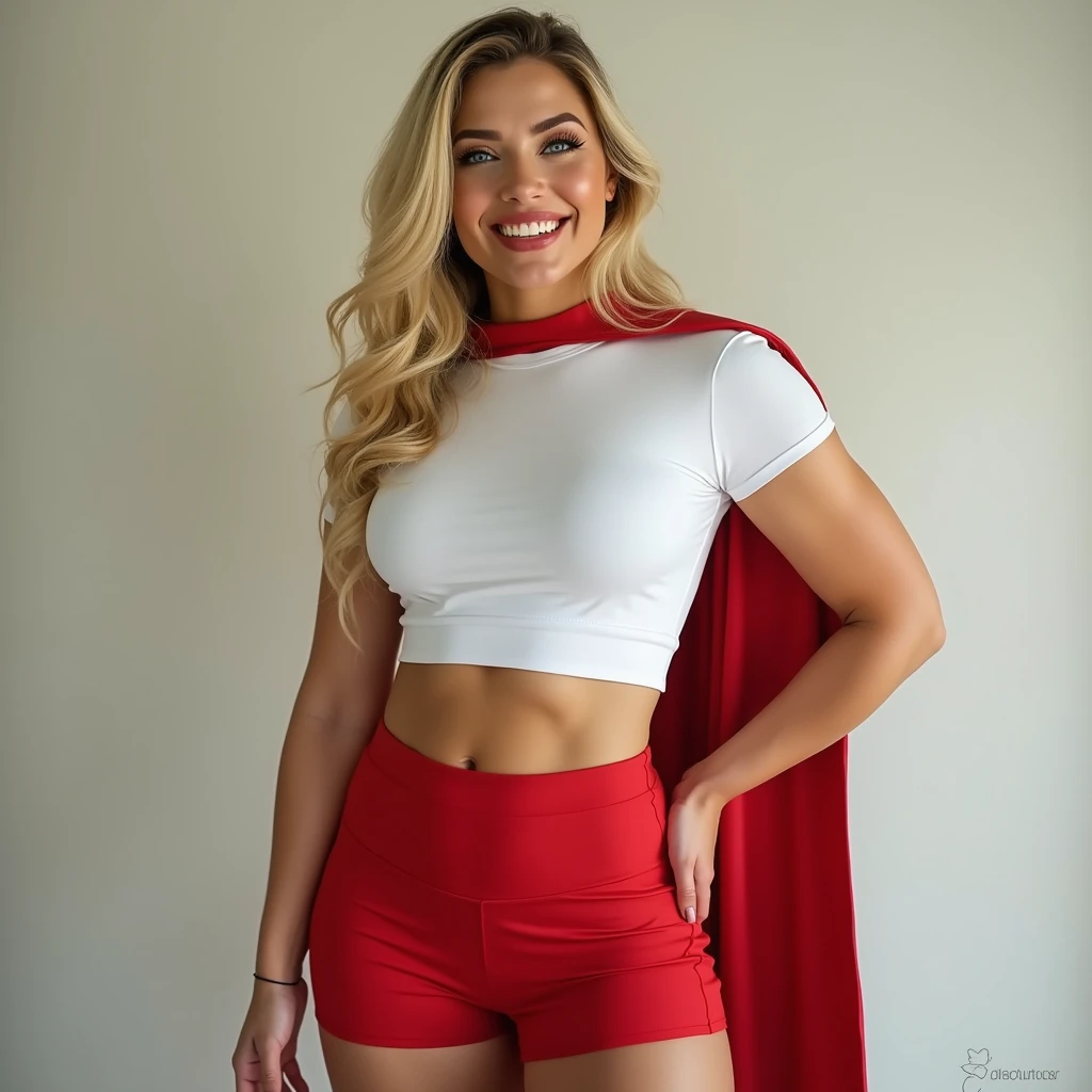 (Muscular:2), (thick thighs:1.9),
(supergirl:1.3), (blonde hair:1.5), blue eyes, (big smile:1.6), beauty mark, (small breasts:1.5),
eyeshadow, lipstick, (white tshirt, midriff, small cape, red miniskirt:1.5),
looking at viewer, three quarter view, upper body view,
rim lighting, detailed skin, detailed eyes