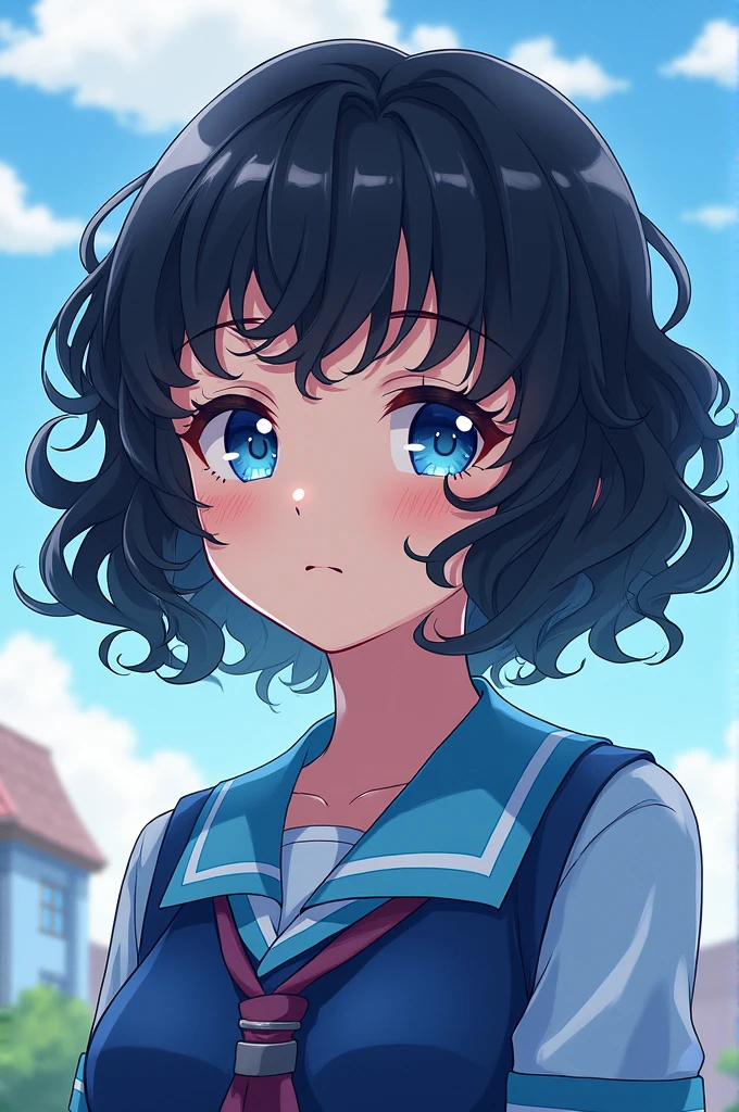 Create a new character with the Haikyuu anime drawing style and the Karasuno uniform, a medium sized girl, curly black hair, white, sky blue eyes and super pretty