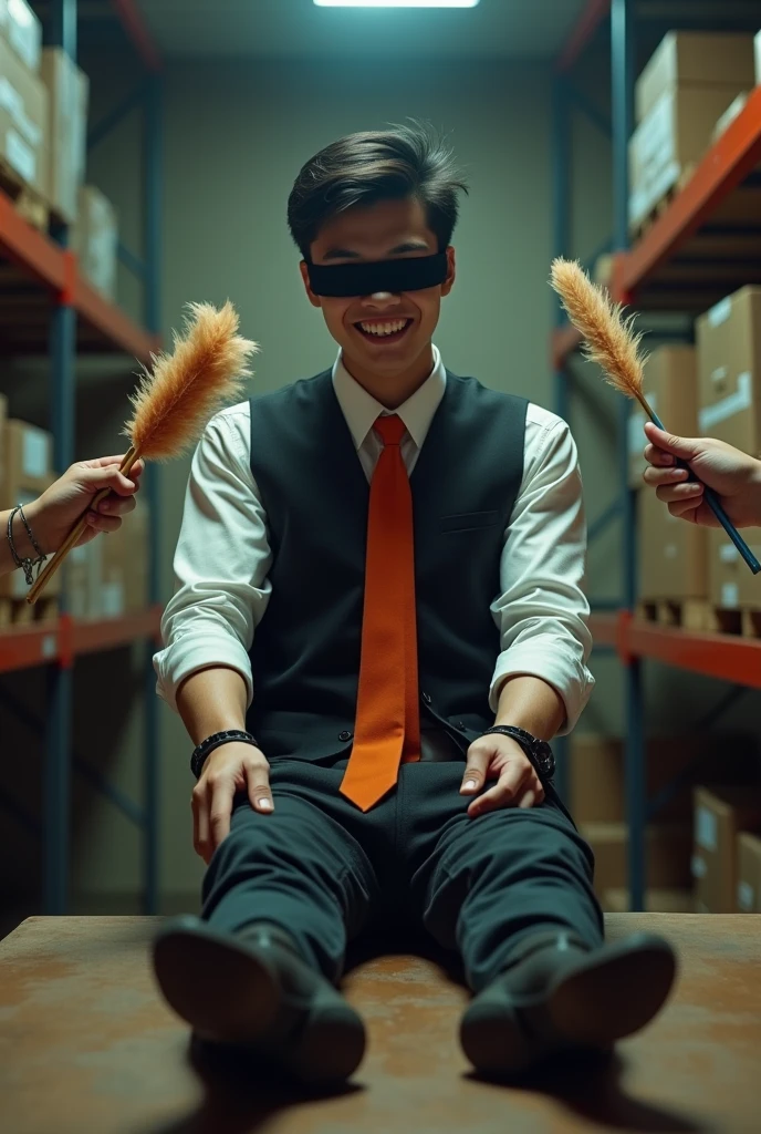 Malaysia malay handsome 20 years student
He laugh very hard
His hand tied up in warehouse
Blindfolded
Hand handcuff
Black vest orange tie
Focus feet on desk
feather duster tickle feet desk
shoes on desk
Black stinky sock
2 man holding feather duster