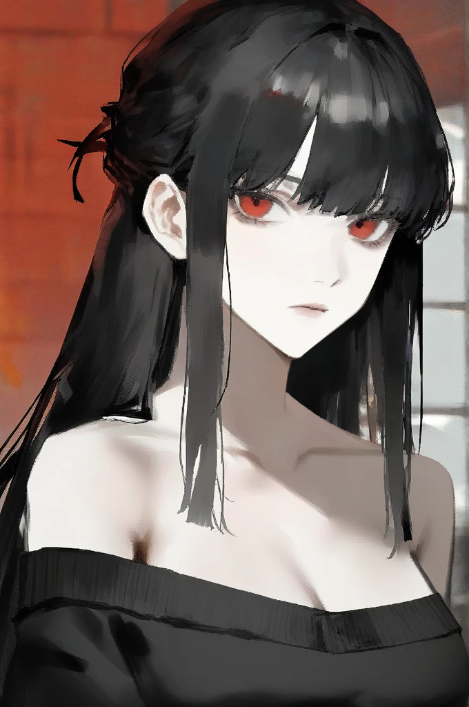 by rsef, upper body, (dynamic angle:1.2), 1girl, solo, large breasts, black hair, half-updo, sidelocks, bangs, red eyes, (tsurime:0.9), expressionless, (bags under eyes:0.8), looking at viewer, mole under mouth, black sweater, off-shoulder sweater, bare shoulders, collarbone, (cleavage:0.9),
