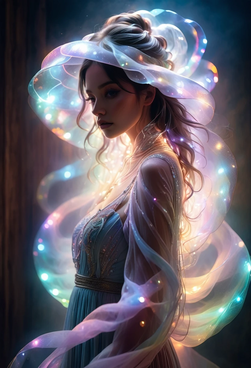 Pastel colors, abstract styles, ethereal photo of mystical figures draped in twinkling lights in a dreamy swirl of colorful smog, crystals adorning the head. Stillness and elusive beauty, surrealism, color and form, emotional expression, imagination, (ghostly effect:1.4) , Official art, masterpiece, perfect anatomy, 32k UHD resolution, best quality, highres, realistic photo, professional photography, cinematic angle, cinematic lights, whole body from far away, cowboy shot, looking at viewer,