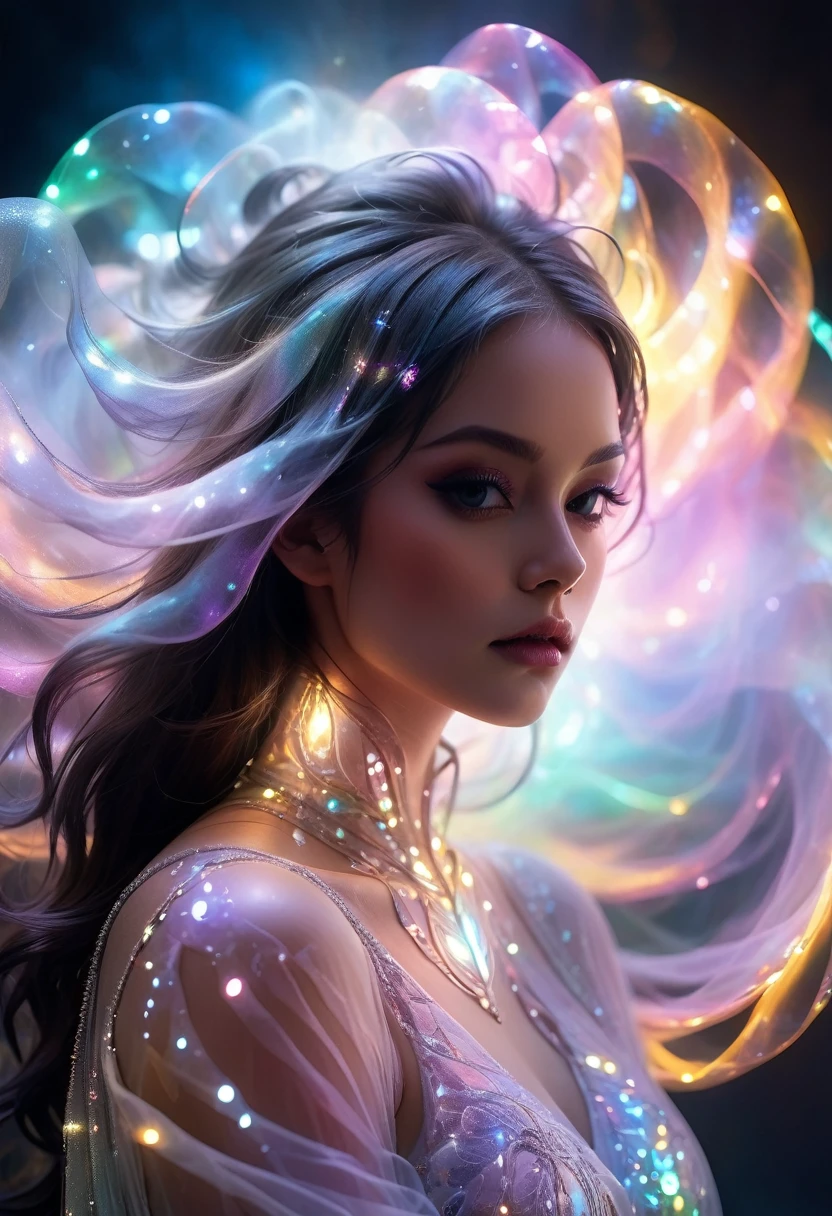 Pastel colors, abstract styles, ethereal photo of mystical figures draped in twinkling lights in a dreamy swirl of colorful smog, crystals adorning the head. Stillness and elusive beauty, surrealism, color and form, emotional expression, imagination, (ghostly effect:1.4) , Official art, masterpiece, perfect anatomy, 32k UHD resolution, best quality, highres, realistic photo, professional photography, cinematic angle, cinematic lights, whole body from far away, cowboy shot, looking at viewer,